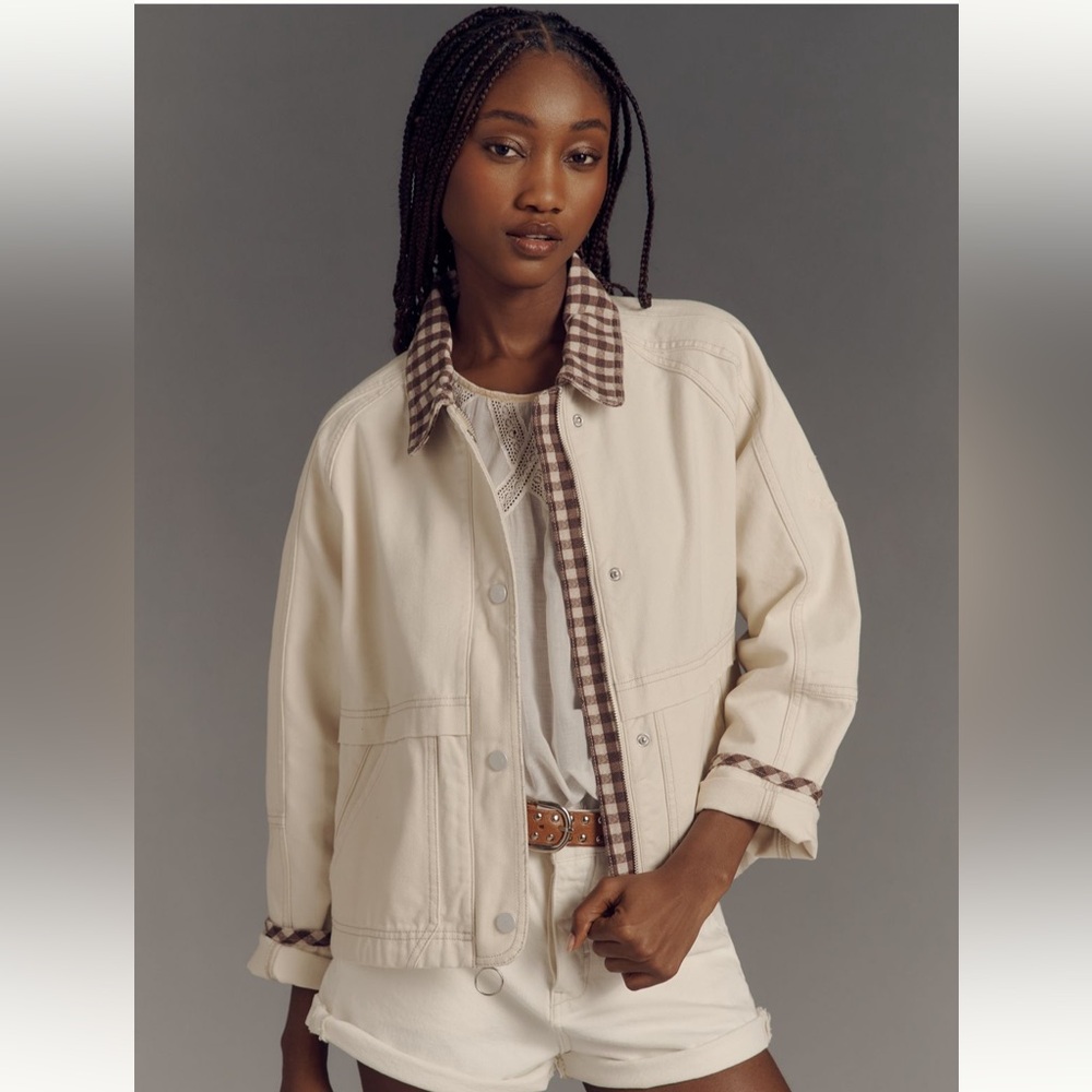 Pilcro Anthropologie Cream and Brown Gingham Jacket
